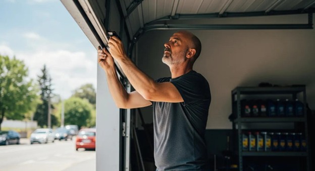 a man looking at a garage door part